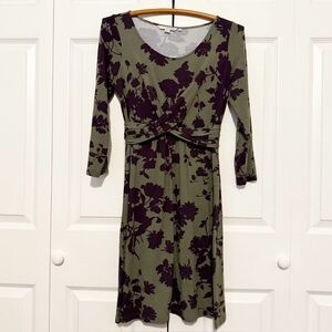 Boden Floral Print Fit & Flare Dress Size 6 Ruched Waist 3/4 Sleeves Jersey Knit